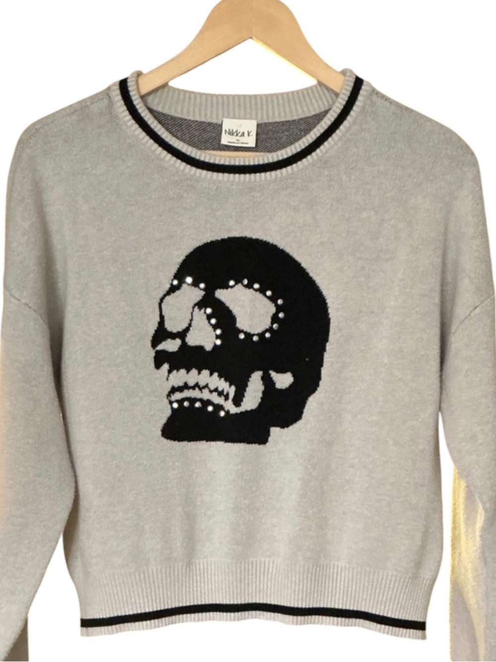 Nikka K Women's Light Gray Skull Skeleton Crewneck Sweater